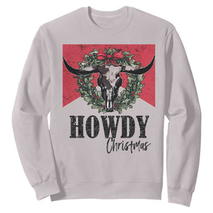 Western Howdy Christmas Sweatshirt Longhorn Skull Xmas Wreath TS11 Ice Gray Print Your Wear