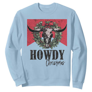 Western Howdy Christmas Sweatshirt Longhorn Skull Xmas Wreath TS11 Light Blue Print Your Wear