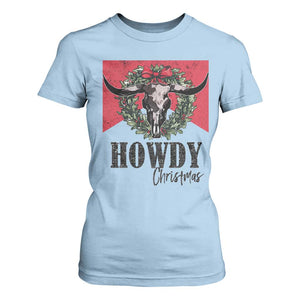 Western Howdy Christmas T Shirt For Women Longhorn Skull Xmas Wreath TS11 Light Blue Print Your Wear