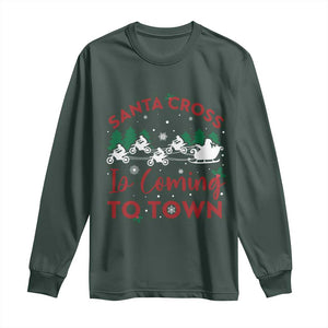 Funny Christmas Dirt Bike Long Sleeve Shirt Santa Cross Is Coming To Town Motorcross TS11 Dark Forest Green Print Your Wear