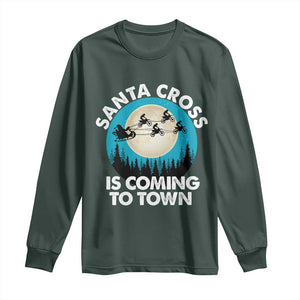 Funny Christmas Motocross Long Sleeve Shirt Santa Cross Is Coming To Town Sport TS11 Dark Forest Green Print Your Wear