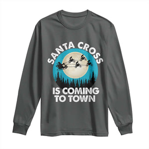 Funny Christmas Motocross Long Sleeve Shirt Santa Cross Is Coming To Town Sport TS11 Dark Heather Print Your Wear