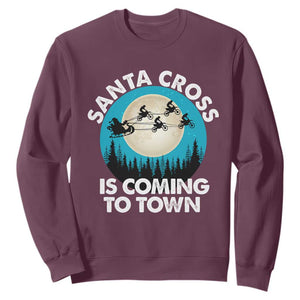 Funny Christmas Motocross Sweatshirt Santa Cross Is Coming To Town Sport TS11 Maroon Print Your Wear