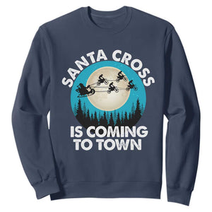 Funny Christmas Motocross Sweatshirt Santa Cross Is Coming To Town Sport TS11 Navy Print Your Wear