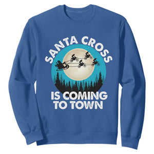 Funny Christmas Motocross Sweatshirt Santa Cross Is Coming To Town Sport TS11 Royal Blue Print Your Wear