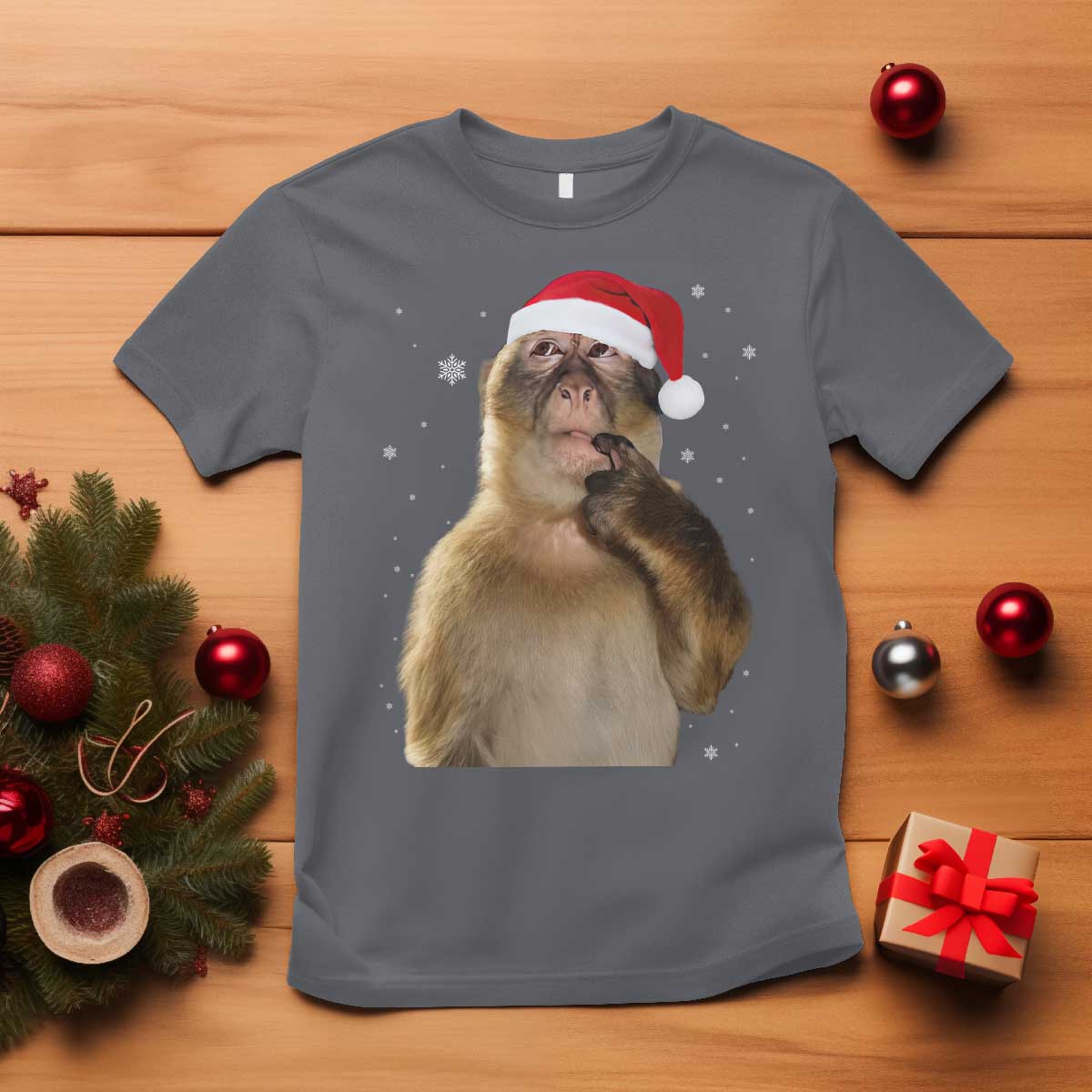 Christmas Thinking Monkey Meme Humor Brainrot T Shirt TS11 Charcoal Print Your Wear