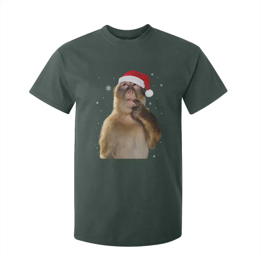 Christmas Thinking Monkey Meme Humor Brainrot T Shirt For Kid TS11 Dark Forest Green Print Your Wear