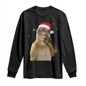 Christmas Thinking Monkey Meme Humor Brainrot Long Sleeve Shirt TS11 Black Print Your Wear