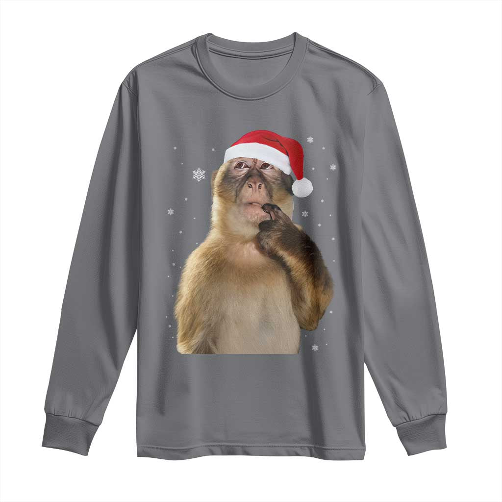 Christmas Thinking Monkey Meme Humor Brainrot Long Sleeve Shirt TS11 Charcoal Print Your Wear