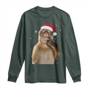 Christmas Thinking Monkey Meme Humor Brainrot Long Sleeve Shirt TS11 Dark Forest Green Print Your Wear
