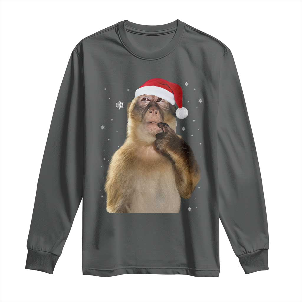 Christmas Thinking Monkey Meme Humor Brainrot Long Sleeve Shirt TS11 Dark Heather Print Your Wear