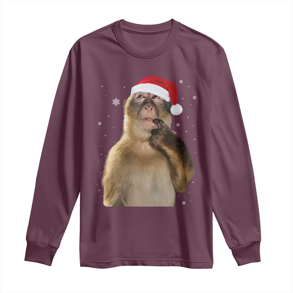 Christmas Thinking Monkey Meme Humor Brainrot Long Sleeve Shirt TS11 Maroon Print Your Wear