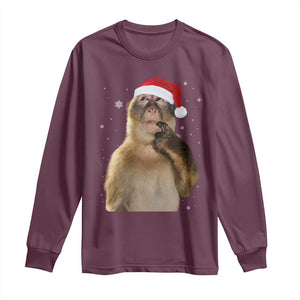Christmas Thinking Monkey Meme Humor Brainrot Long Sleeve Shirt TS11 Maroon Print Your Wear