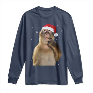 Christmas Thinking Monkey Meme Humor Brainrot Long Sleeve Shirt TS11 Navy Print Your Wear