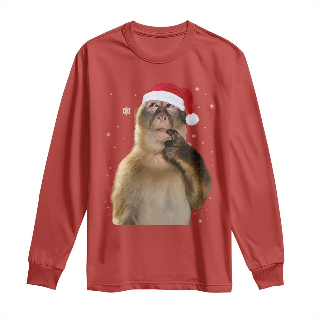 Christmas Thinking Monkey Meme Humor Brainrot Long Sleeve Shirt TS11 Red Print Your Wear