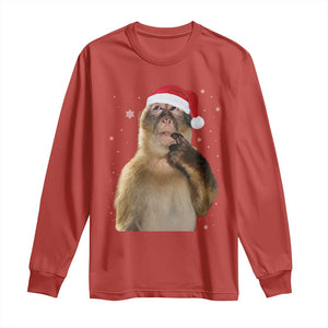 Christmas Thinking Monkey Meme Humor Brainrot Long Sleeve Shirt TS11 Red Print Your Wear