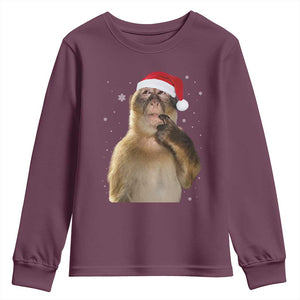 Christmas Thinking Monkey Meme Humor Brainrot Youth Sweatshirt TS11 Maroon Print Your Wear