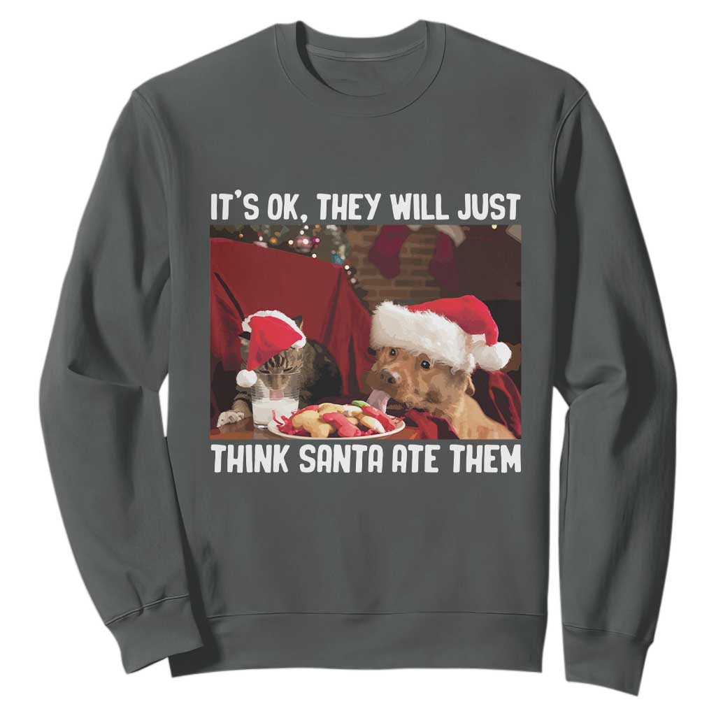 Funny Christmas Dog And Cat Sweatshirt It's Ok They Will Just Think Santa Ate Them TS11 Dark Heather Print Your Wear