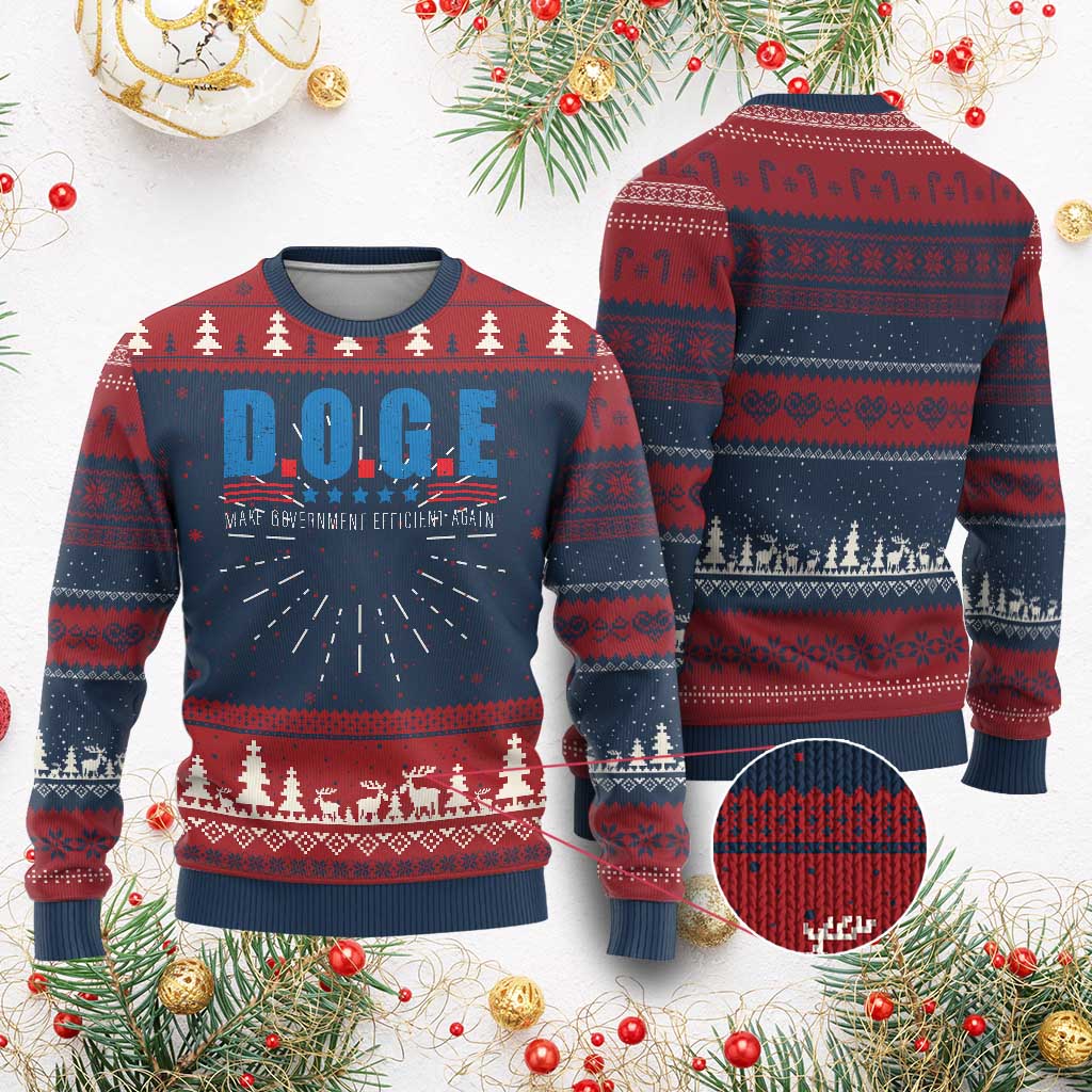 Trump Musk DOGE Ugly Christmas Sweater Make Government Efficient Again Vintage Stars Stripe TS11 Burgundy Print Your Wear