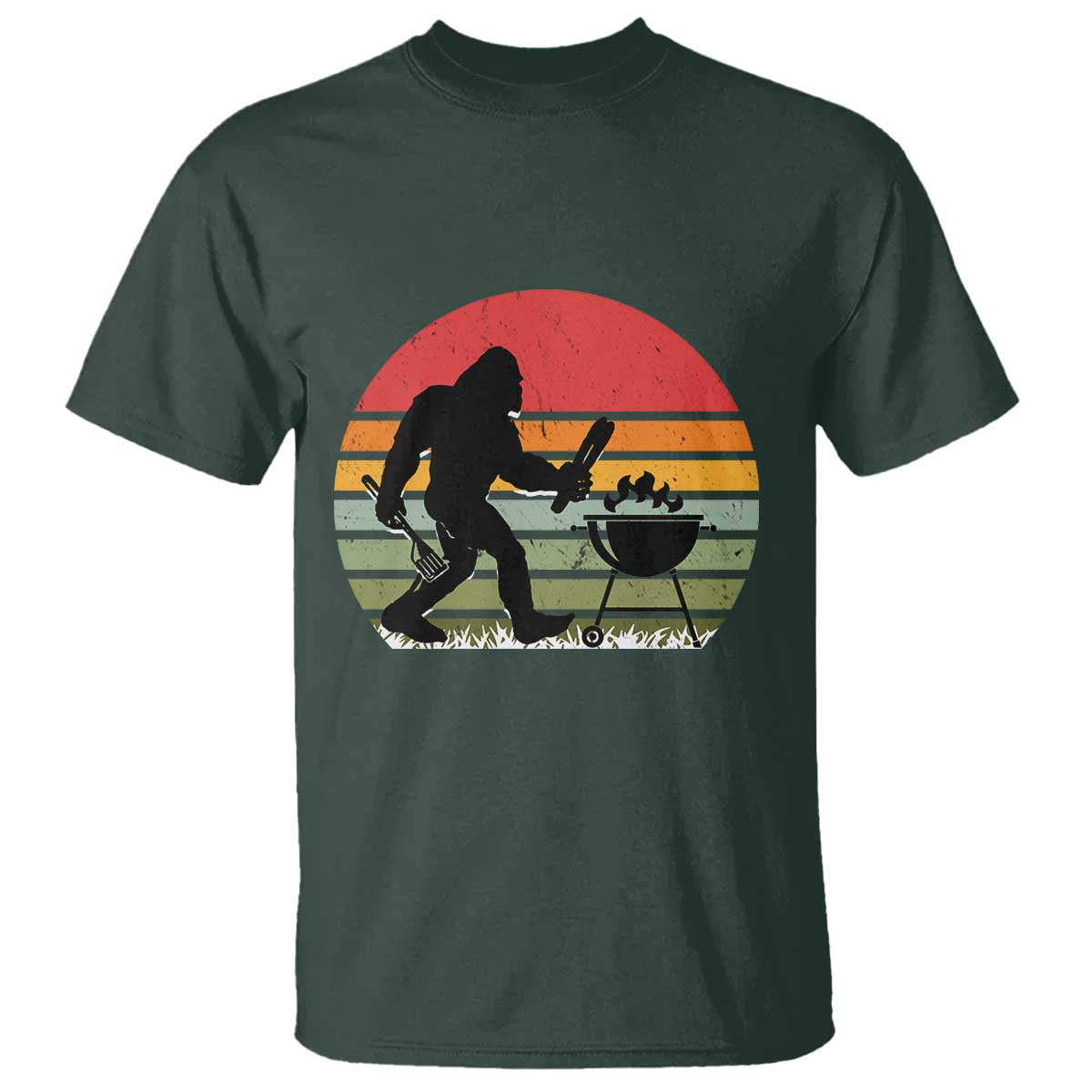 Funny Retro Bigfoot Grilling BBQ Chef T Shirt TS11 Dark Forest Green Print Your Wear