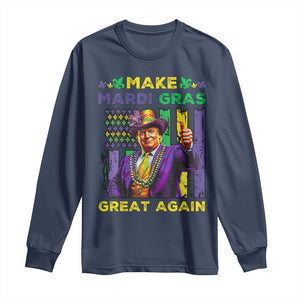 Funny Trump Make Mardi Gras Great Again Long Sleeve Shirt Vintage American Flag Fleur De Lis TS11 Navy Print Your Wear