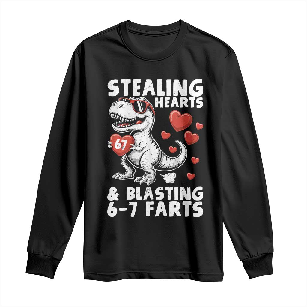 Funny 67 Meme Valentines Day Dinosaur Long Sleeve Shirt Stealing Hearts And Blasting 67 Farts TS11 Black Print Your Wear