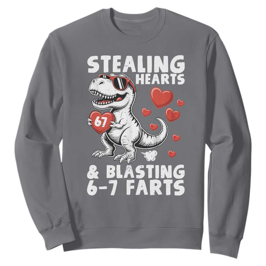 Funny 67 Meme Valentines Day Dinosaur Sweatshirt Stealing Hearts And Blasting 67 Farts TS11 Charcoal Print Your Wear