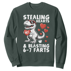 Funny 67 Meme Valentines Day Dinosaur Sweatshirt Stealing Hearts And Blasting 67 Farts TS11 Dark Forest Green Print Your Wear