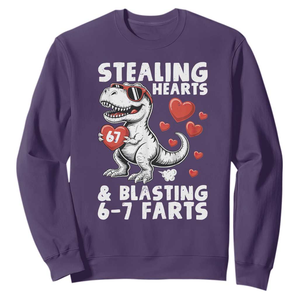 Funny 67 Meme Valentines Day Dinosaur Sweatshirt Stealing Hearts And Blasting 67 Farts TS11 Purple Print Your Wear