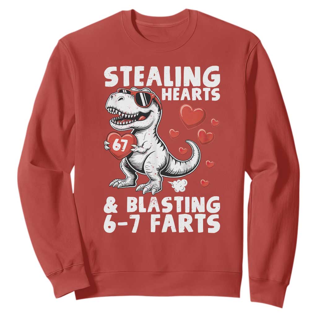 Funny 67 Meme Valentines Day Dinosaur Sweatshirt Stealing Hearts And Blasting 67 Farts TS11 Red Print Your Wear