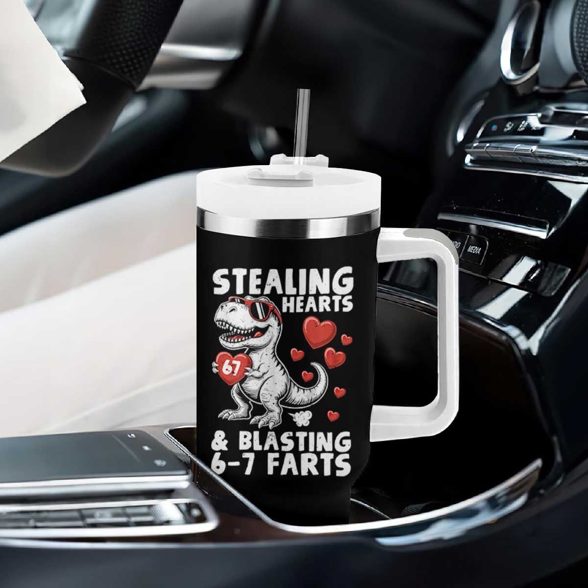 Funny 67 Meme Valentines Day Dinosaur Tumbler With Handle Stealing Hearts And Blasting 67 Farts TS11 Print Your Wear