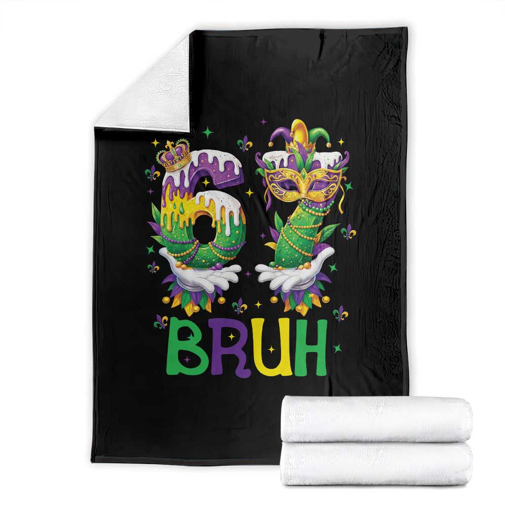 Funny 67 Mardi Gras Bruh Throw Blanket Six Seven Meme Fleur De Lis Hand Gesture TS11 Black Print Your Wear