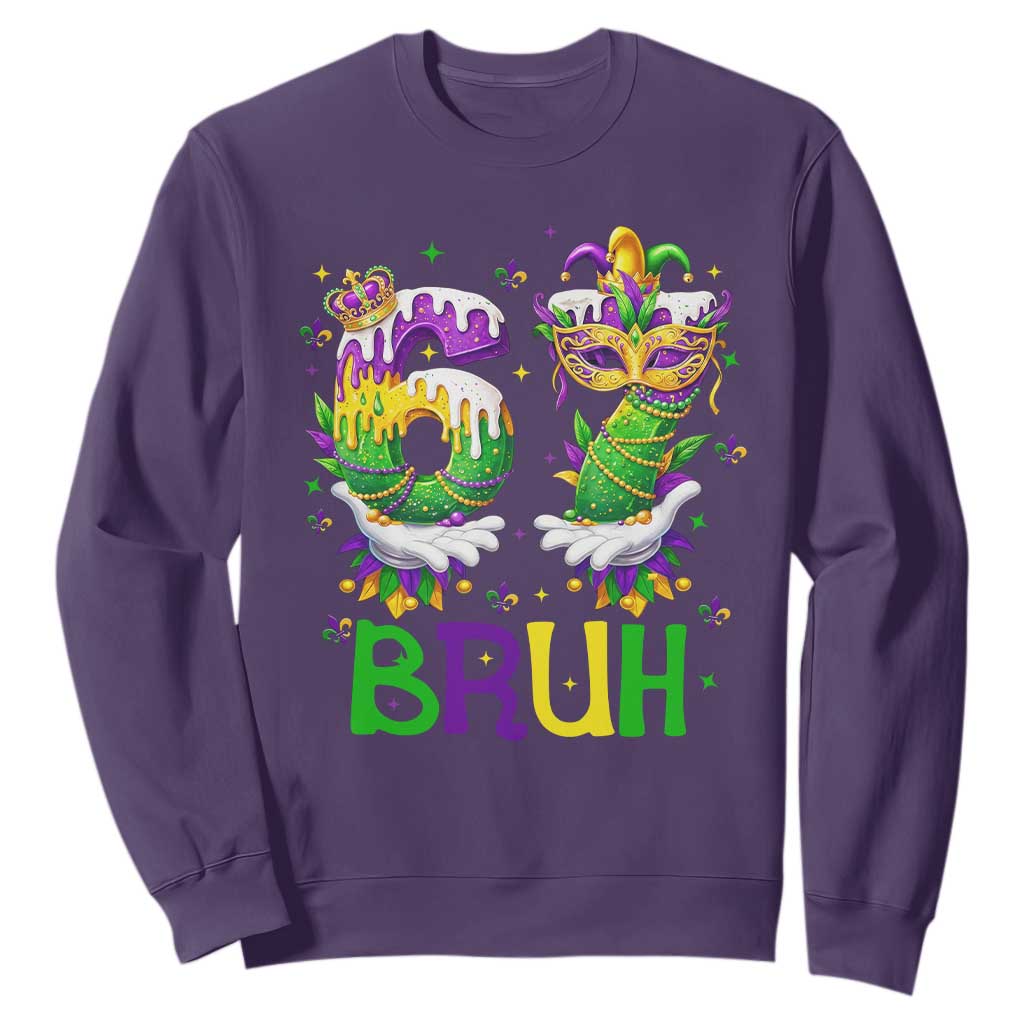 Funny 67 Mardi Gras Bruh Sweatshirt Six Seven Meme Fleur De Lis Hand Gesture TS11 Purple Print Your Wear