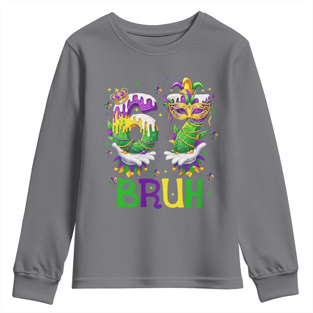 Funny 67 Mardi Gras Bruh Youth Sweatshirt Six Seven Meme Fleur De Lis Hand Gesture TS11 Charcoal Print Your Wear