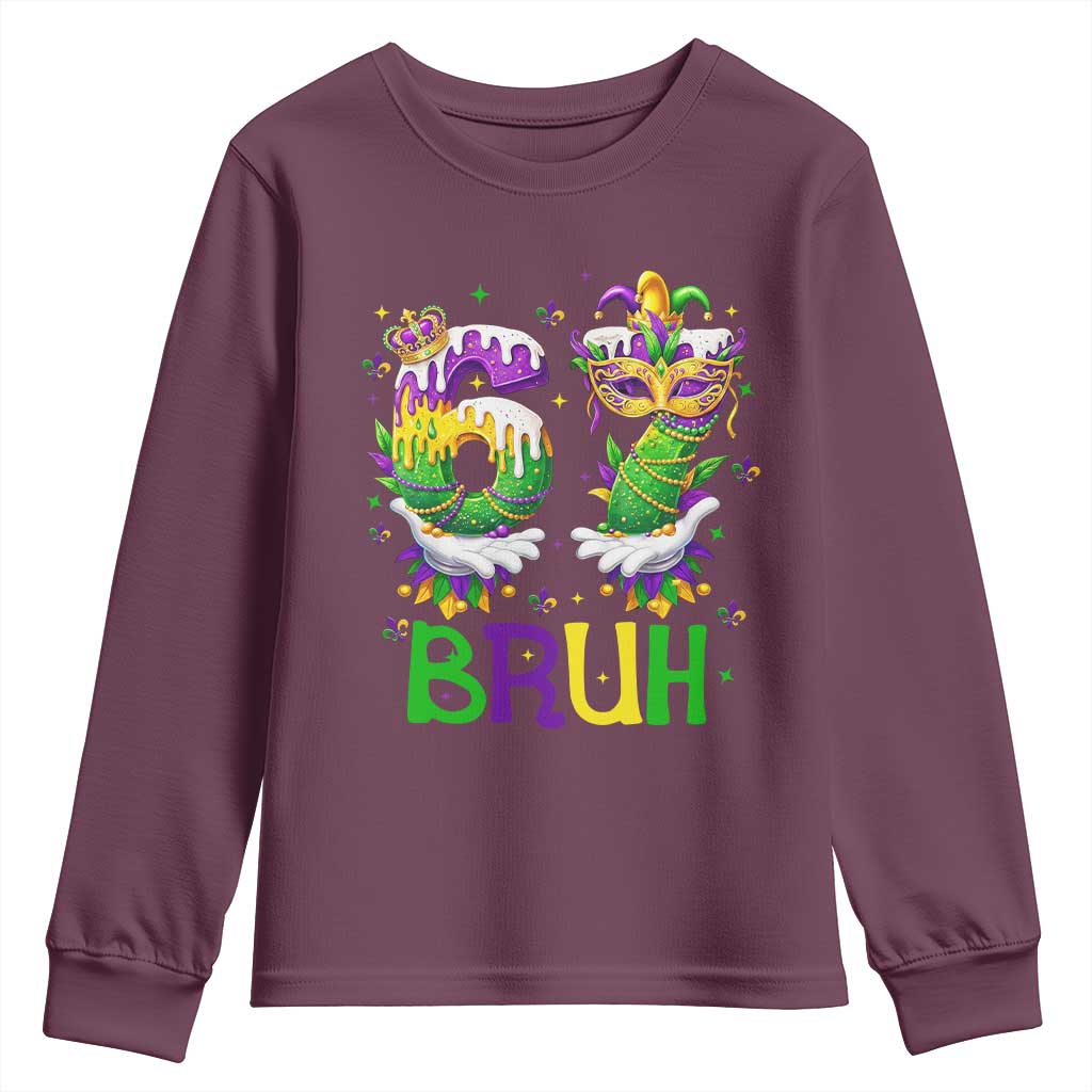 Funny 67 Mardi Gras Bruh Youth Sweatshirt Six Seven Meme Fleur De Lis Hand Gesture TS11 Maroon Print Your Wear