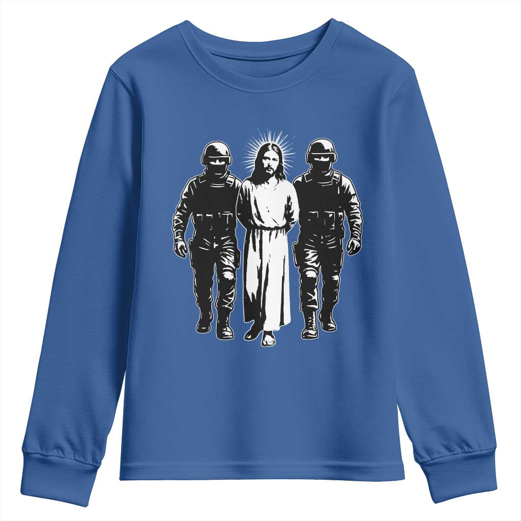 Jesus Arrested Parody Youth Sweatshirt Funny Immigrant Rights Political Protest TS11 Royal Blue Print Your Wear