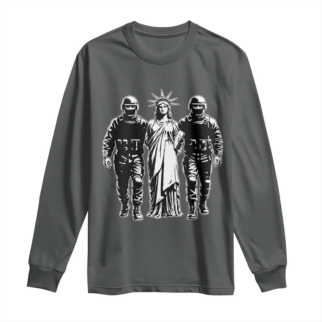 Statue Of Liberty Arrested Long Sleeve Shirt Funny Immigrant Rights Political Protest TS11 Dark Heather Print Your Wear