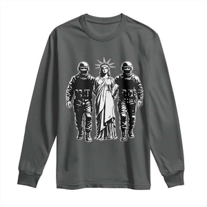 Statue Of Liberty Arrested Long Sleeve Shirt Funny Immigrant Rights Political Protest TS11 Dark Heather Print Your Wear