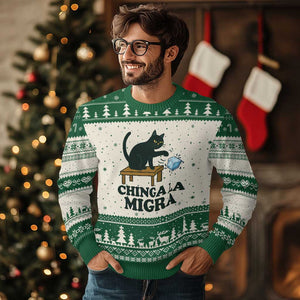 Chinga La Migra Ugly Christmas Sweater Funny Immigration Rights Cat Political TS11 Beige Green Print Your Wear