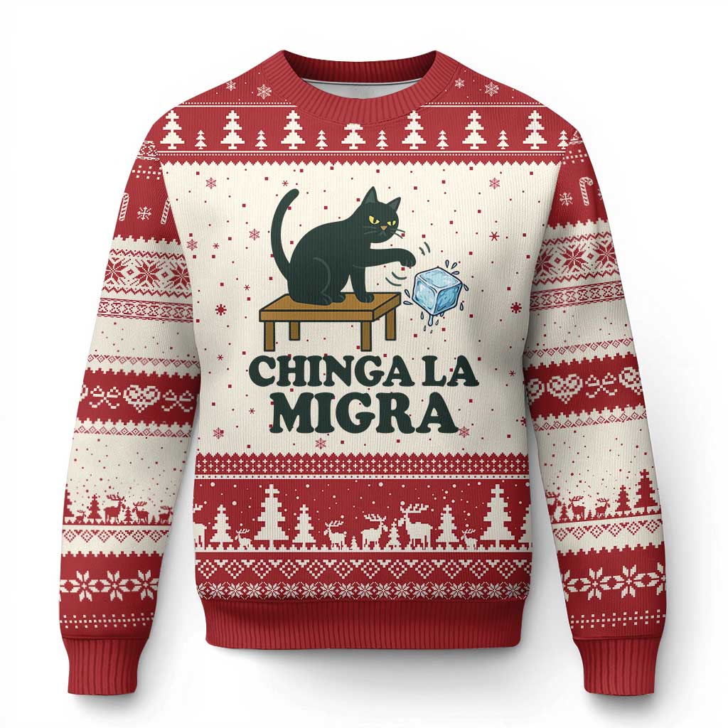 Chinga La Migra Ugly Christmas Sweater Funny Immigration Rights Cat Political TS11 Beige Red Print Your Wear