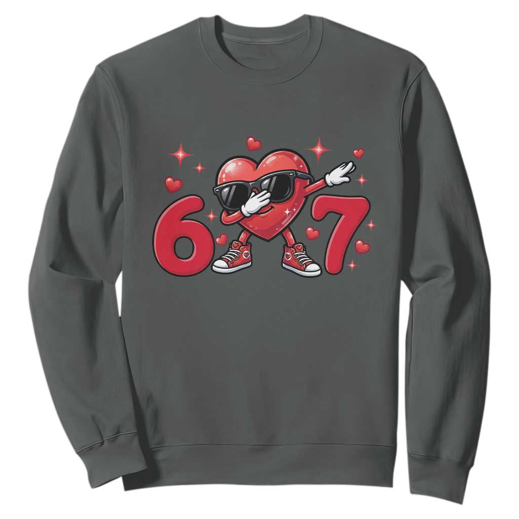 Funny Six Seven 67 Valentines Dabbing Heart Sweatshirt TS11 Dark Heather Print Your Wear