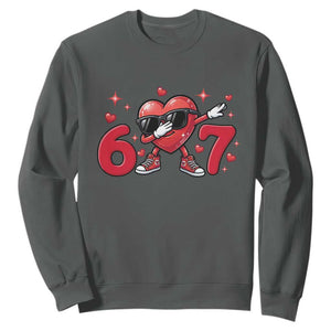Funny Six Seven 67 Valentines Dabbing Heart Sweatshirt TS11 Dark Heather Print Your Wear