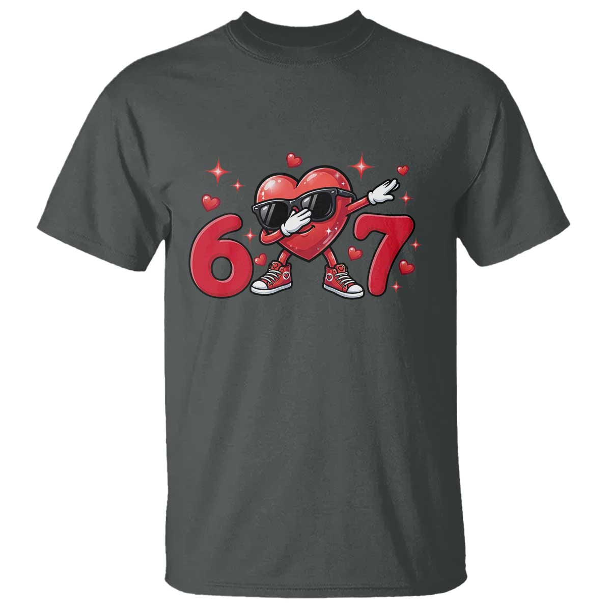 Funny Six Seven 67 Valentines Dabbing Heart T Shirt TS11 Dark Heather Print Your Wear