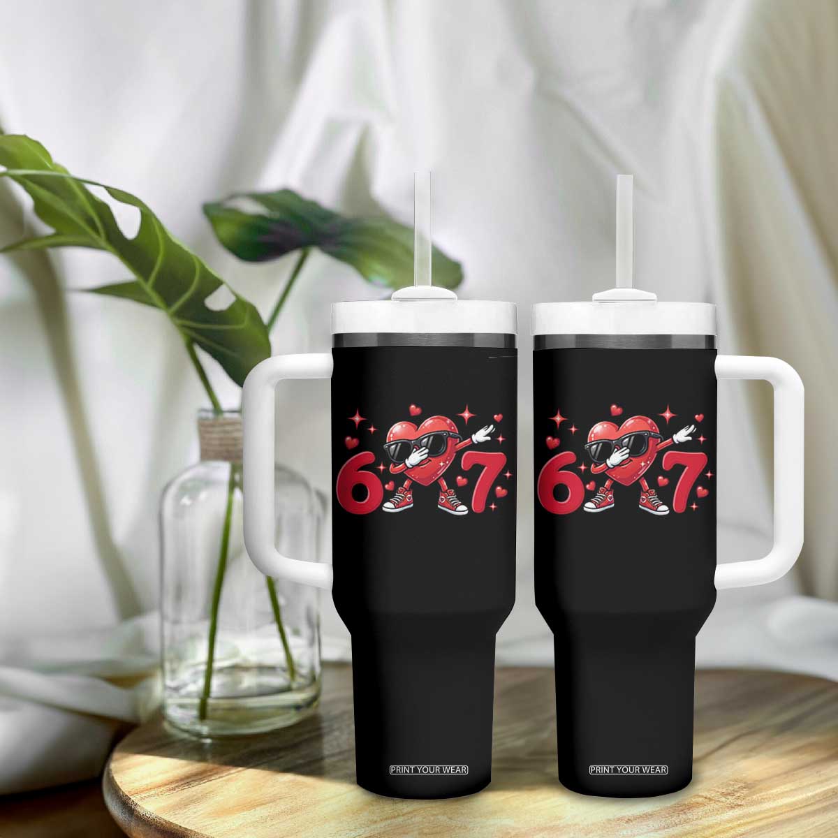 Funny Six Seven 67 Valentines Dabbing Heart Tumbler With Handle TS11 Print Your Wear