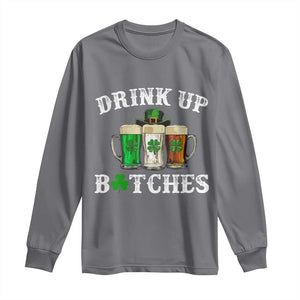 Funny St Patrick's Day Irish Beer Drinking Long Sleeve Shirt Drink Up Bitches Ireland Flag TS11 Charcoal Print Your Wear