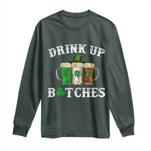 Funny St Patrick's Day Irish Beer Drinking Long Sleeve Shirt Drink Up Bitches Ireland Flag TS11 Dark Forest Green Print Your Wear