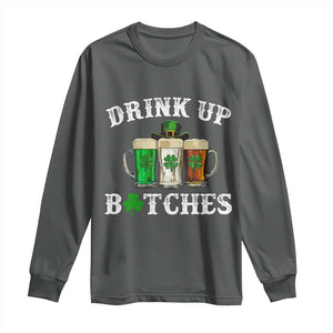 Funny St Patrick's Day Irish Beer Drinking Long Sleeve Shirt Drink Up Bitches Ireland Flag TS11 Dark Heather Print Your Wear