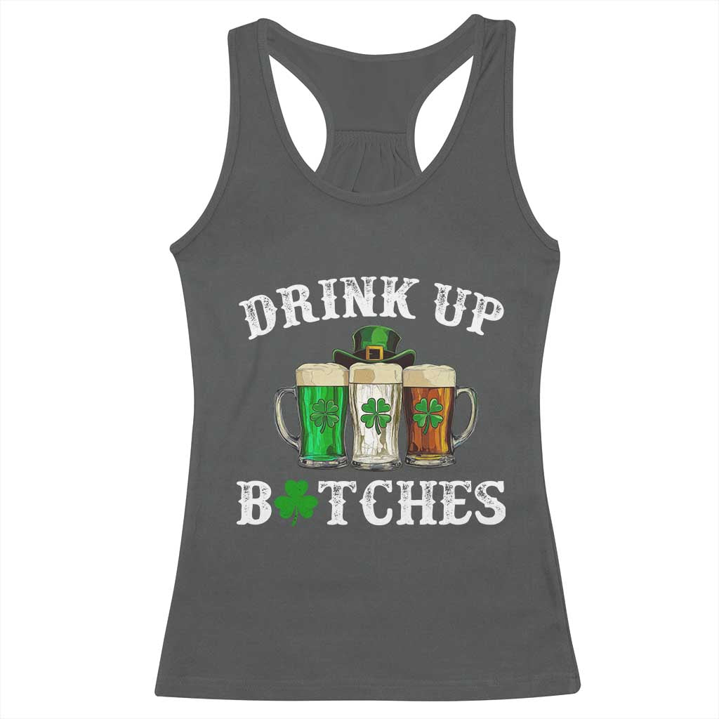 Funny St Patrick's Day Irish Beer Drinking Racerback Tank Top Drink Up Bitches Ireland Flag TS11 Dark Heather Print Your Wear