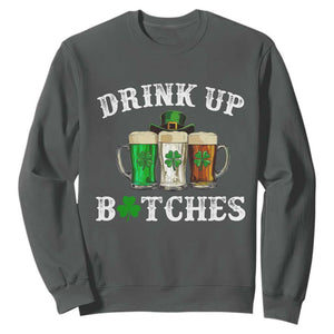 Funny St Patrick's Day Irish Beer Drinking Sweatshirt Drink Up Bitches Ireland Flag TS11 Dark Heather Print Your Wear