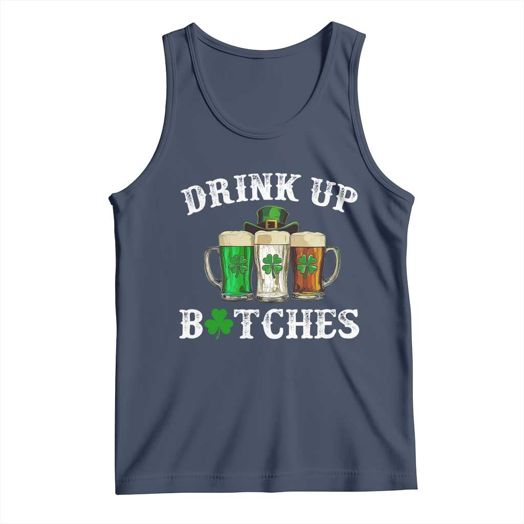 Funny St Patrick's Day Irish Beer Drinking Tank Top Drink Up Bitches Ireland Flag TS11 Navy Print Your Wear